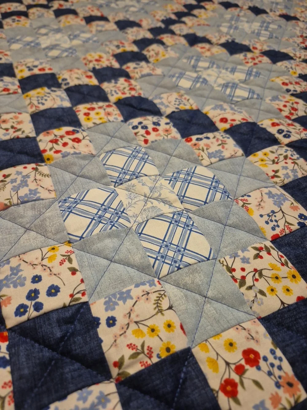 New Handmade Patchwork Floral Throw Quilt Blue Cottagecore 56.5” x 70”